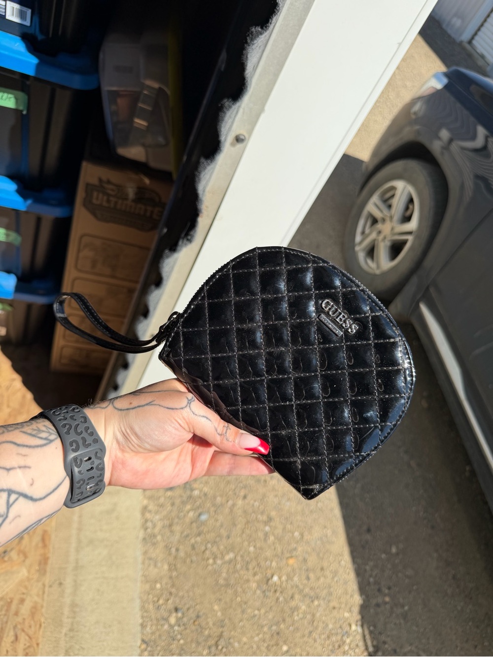 GUESS Black Quilted Patent Wristlet Clutch